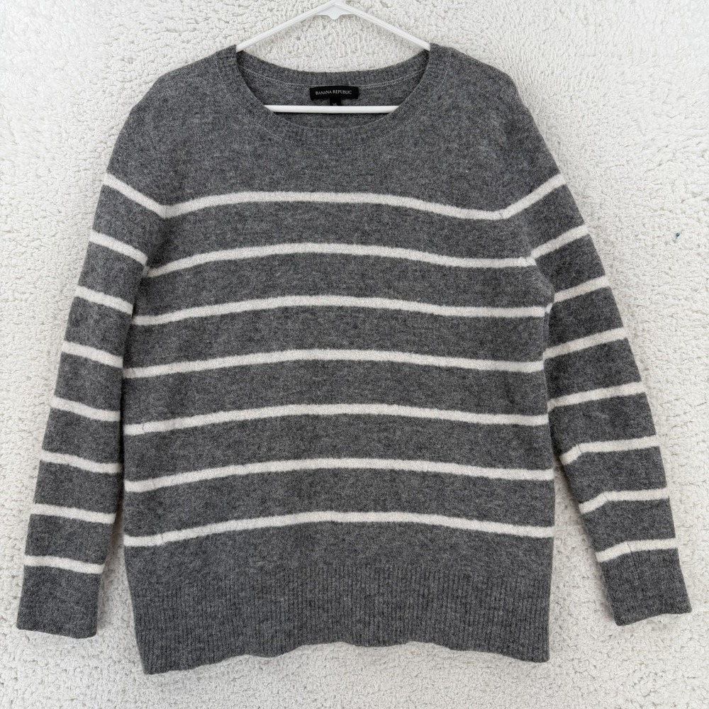 Banana Republic Sweater Womens XL Gray Merino Wool Alpaca Aire Stripe Crewneck